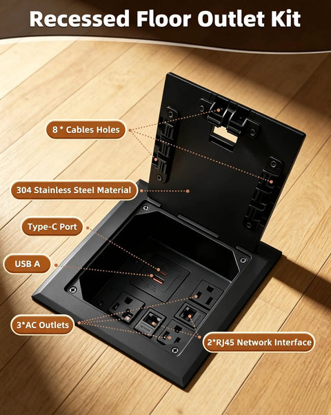 Slick Flush Mount Recessed Floor Outlet Box With Flat Hidden Socket Kit Featuring Top Shield Tamper Proof Receptacles Pd Type C Ethernet Ports And Quick Charge Gear, showcasing 304 stainless steel design with ports.
