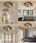 Black 3 Light Flush Mount Ceiling Fixture with industrial metal style in hallway, kitchen, bedroom, and dining room.