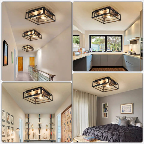 Black 3 Light Flush Mount Ceiling Fixture with industrial metal style in hallway, kitchen, bedroom, and dining room.
