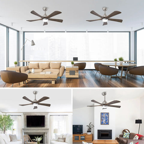 Neojoyoenix 42" 5PCS Solid Wood Blades Ceiling Fan with Lights Remote Control, installed in a modern living room and dining area.