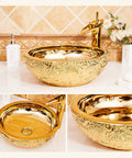 Super Slick Round Vessel Sink For Bathroom Vanity Killer Gold Ceramic Countertop Wash Basin with intricate design and faucet detail.