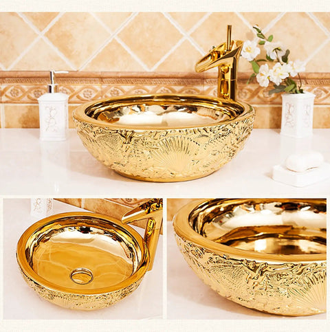 Super Slick Round Vessel Sink For Bathroom Vanity Killer Gold Ceramic Countertop Wash Basin with intricate design and faucet detail.