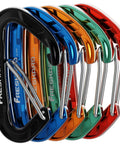 Heavy Duty 15kN Wire Gate Carabiners Pack, aluminum quick draw clips in multi-color for camping and hiking, black anodized finish.