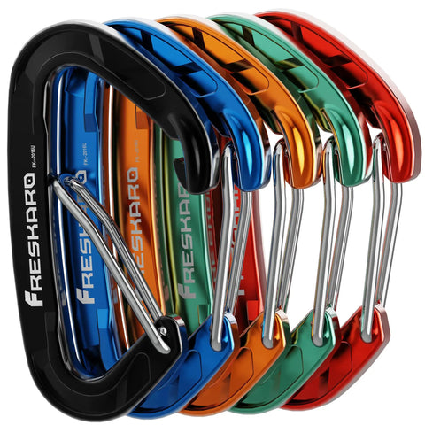 Heavy Duty 15kN Wire Gate Carabiners Pack, aluminum quick draw clips in multi-color for camping and hiking, black anodized finish.