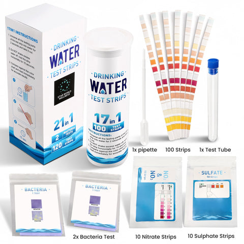 All In One 21 In 1 Water Test Kit With 120 Strips And 2 Bacteria Tests For Home Tap And Well Water Quality Checks Lead pH Hardness Chlorine Nitrate Iron Fluoride And More; includes pipette, test tube, nitrate and sulphate strips.