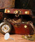 Grab and Go Upholstery Tacks Kit: 150 Pcs Decorative Furniture Nails Push Pins, 11mm x 17mm with vintage clock and jewelry box.