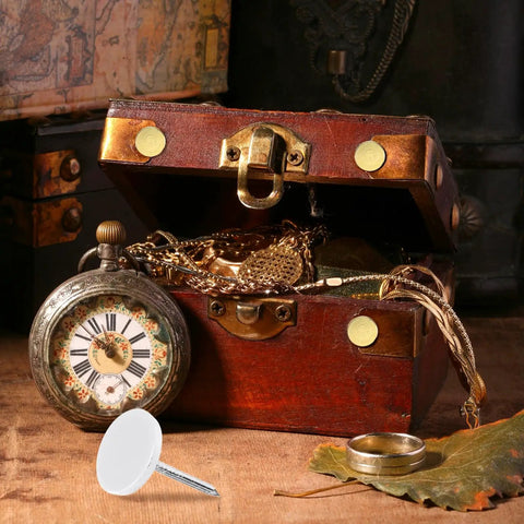 Grab and Go Upholstery Tacks Kit: 150 Pcs Decorative Furniture Nails Push Pins, 11mm x 17mm with vintage clock and jewelry box.
