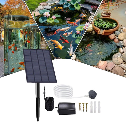 Solar Pond Aerator 2W Low Noise Oxygen Pump IP64 Waterproof Quiet Bubbler For Garden Ponds Pools Fish Tanks Hydroponics No Fuss Setup Outdoor Use Solar Powered Air Pump For Live Fish Transport, showing solar panel and accessories.