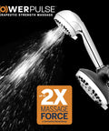 12 Mode 2 In 1 Dual Shower Head System With 5 Foot Hose And PowerPulse Therapeutic Massage Chrome Finish spraying water
