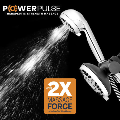 12 Mode 2 In 1 Dual Shower Head System With 5 Foot Hose And PowerPulse Therapeutic Massage Chrome Finish spraying water