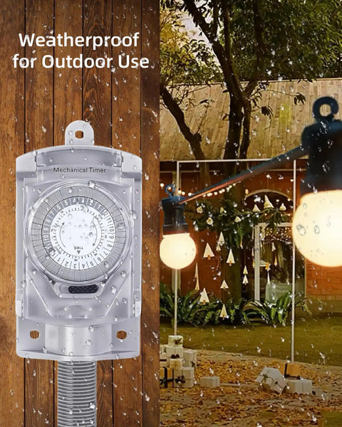 Straight Up Tough Outdoor Mechanical Timer Switch 24 Hour With 30 Minute Intervals for Backyard Lighting and Power Boxes, waterproof design