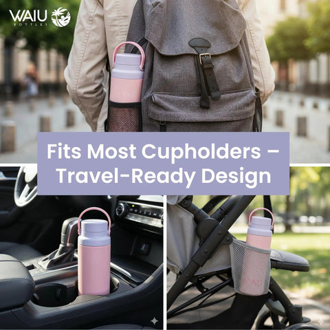 Portable Breast Milk Cooler Keeps Infant Formula And Breastmilk Icy Fresh For Up To 15 Hours With Triple Wall Vacuum Insulation Stainless Steel Build And Bpa Free Bottle Plus Ice Pack For No Sweat Road Trips in a car cup holder and stroller.