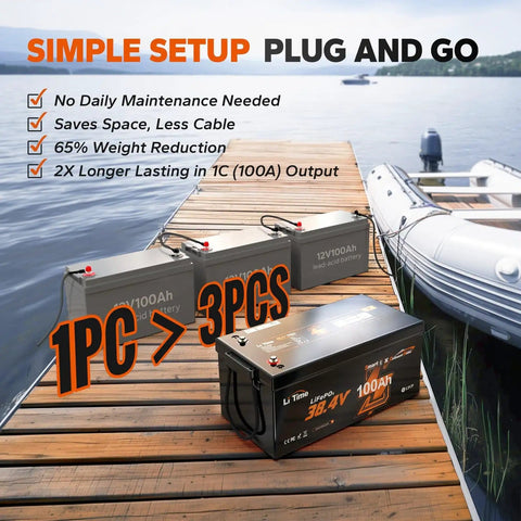 36V 100Ah LiFePO4 Battery With Bluetooth Low Temp Protection on dock, showing compact design and setup near watercraft.