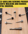 Professional Grade Size 10 X One And A Half Inch Black Hex Head Self Drilling Roofing Screws on wood, highlighting no metal shavings.