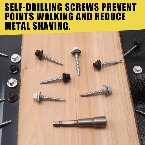 Professional Grade Size 10 X One And A Half Inch Black Hex Head Self Drilling Roofing Screws on wood, highlighting no metal shavings.