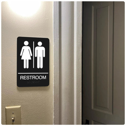 ADA Braille Unisex Bathroom Sign With Double Sided 3M Tape ABS Plastic Gender Neutral Restroom Sign For Offices And Restaurants 9 By 6 Inches Sleek Modern Mountable Office Sign For Biz Spaces mounted beside door