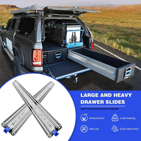 Beefed Up 500 Lb Drawer Slides, 72 To 80 Inch Full Extension With Automatic Lock, Steel Ball Bearing Rails For Smooth Glide, Built Tough For Cabinets, Tool Chests, Vans And RVs, truck drawer extended