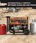 Dual Fuel Portable Generator 7500 Watts With Wheels Gas Or Propane Power 50A RV Ready CO Sensor shown on construction site