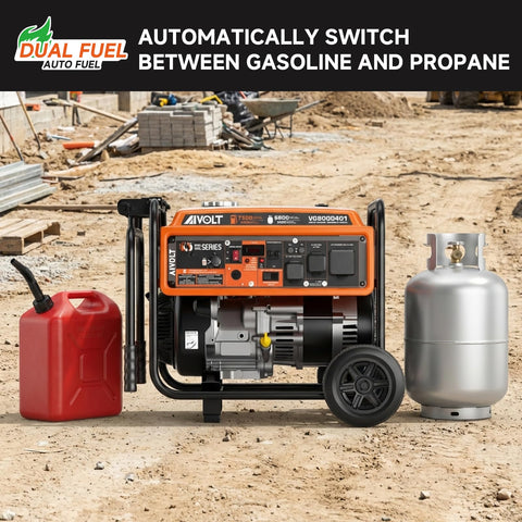 Dual Fuel Portable Generator 7500 Watts With Wheels Gas Or Propane Power 50A RV Ready CO Sensor shown on construction site