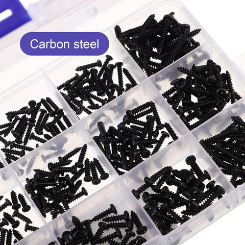 Round Head Self Tapping Screws 450 Pieces Carbon Steel Weather Resistant Black Kit With Storage Box For Electronics Repair