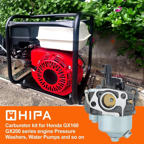 GX160 Carburetor Replacement Kit shown with Honda GX160 engine, suitable for pressure washers and mini bikes.
