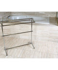 Freestanding Pedestal Towel Rack In Polished Chrome Triple Towel Design Built To Last Durable Brass Construction With Corrosion Resistant Finish Vintage Style Bathroom Organizer For Towels And Linens positioned in bathroom