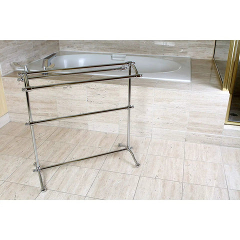Freestanding Pedestal Towel Rack In Polished Chrome Triple Towel Design Built To Last Durable Brass Construction With Corrosion Resistant Finish Vintage Style Bathroom Organizer For Towels And Linens positioned in bathroom