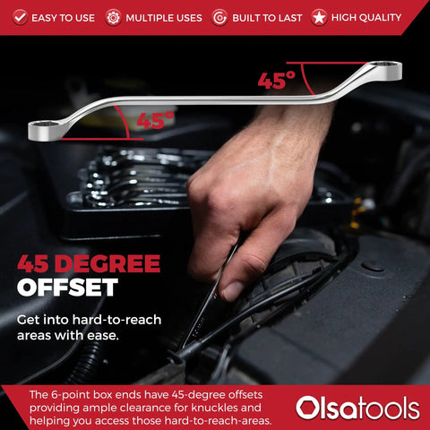 Hand using 7 Piece Offset Bolt Extractor Wrench Set With 6 Point Box End For Stripped Bolts And Nuts Rounded Fastener Remover Kit Metric Design