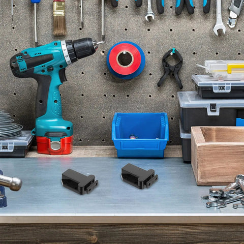Push To Open Cabinet Latches 8 Pack Self Locking Drawer Catches on a workbench in a garage setting