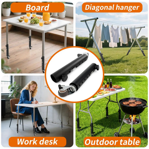 4 Pack Adjustable Table Leg Extenders With Wheels, Heavy Duty Steel Furniture Risers, quick setup design displayed on desk and outdoor table.