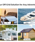 200 Watt Solar Panel Kit With Two 100W Panels And 30A PWM Charge Controller For RVs Boats Trailers Campers Off Grid Living Easy Install shown on RV, boat, caravan, and tiny house.