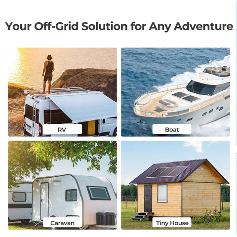 200 Watt Solar Panel Kit With Two 100W Panels And 30A PWM Charge Controller For RVs Boats Trailers Campers Off Grid Living Easy Install shown on RV, boat, caravan, and tiny house.