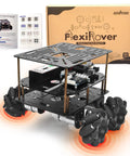 FlexiRover Robot Car Kit For Arduino Mega2560 with WiFi Expansion Board, shown assembled with mecanum wheels in front of packaging.