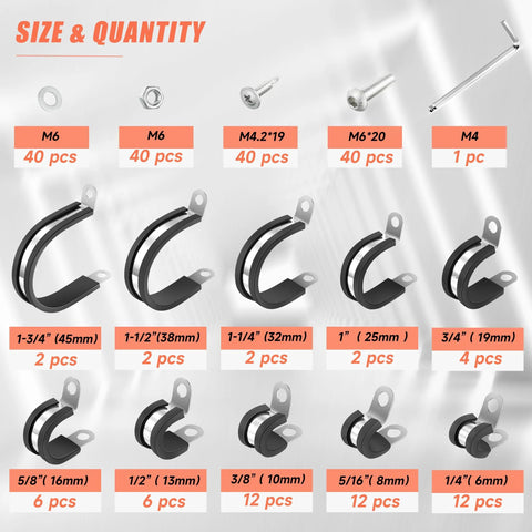 WYSIWYKA 60pc cable clamp kit, front view: 10 sizes of 304 stainless steel rubber-cushion P-clamps with mounting tabs