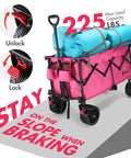Pink All Terrain Folding Wagon Cart With Big Wheels Heavy Duty Collapsible Utility Cart 225 Lb Capacity 2 Cup Holders And Brake