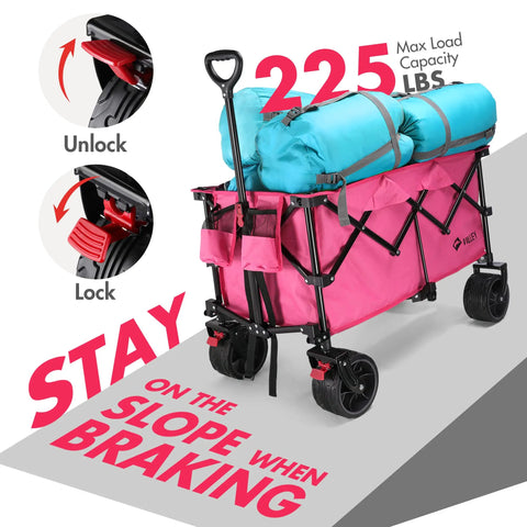 Pink All Terrain Folding Wagon Cart With Big Wheels Heavy Duty Collapsible Utility Cart 225 Lb Capacity 2 Cup Holders And Brake