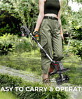 Person using Cordless Electric Tiller For Gardening With Dual 4.0Ah Batteries, Total 8.0Ah Power, 9 Inch Width on garden path