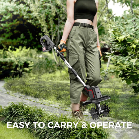 Person using Cordless Electric Tiller For Gardening With Dual 4.0Ah Batteries, Total 8.0Ah Power, 9 Inch Width on garden path