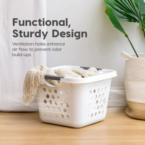 30L Plastic Laundry Hamper With Built In Comfort Carry Handles 2 Pack Nestable Ventilated Clothes Basket in room