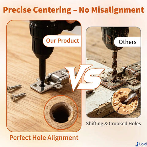 Comparison of Heavy Duty Self Centering Drill Bit Set With Spring Guide Quarter Inch Hex Shank Kit for precise cabinet hinge alignment.