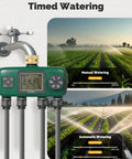 Four Zone Sprinkler Timer With Brass Inlet, Programmable Irrigation Controller attached to faucet, showing manual and automatic watering.