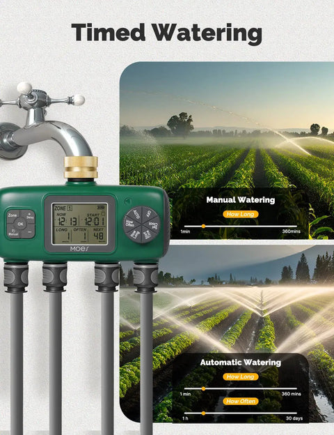 Four Zone Sprinkler Timer With Brass Inlet, Programmable Irrigation Controller attached to faucet, showing manual and automatic watering.