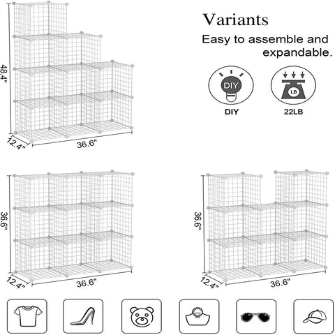 Diagram showing 9-Cube Wire Storage Organizer System, Metal Grid Shelving, white finish, dimensions 36.6L x 12.4W x 48.4H