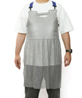 Person wearing Chainmail Apron For Butchers Heavy Duty Food Grade Cut Resistant Shield with Stainless Steel Mesh and Adjustable Straps
