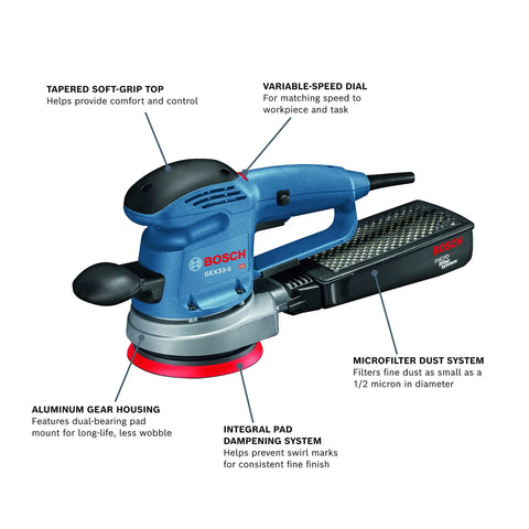 5 Inch Multi Hole Random Orbit Sander And Polisher With Pad Dampening System And Flexible Sandpaper Compatibility Rotating Orbital Action For Pro Woodworking Finishing, featuring design details like aluminum gear housing and microfilter dust system.