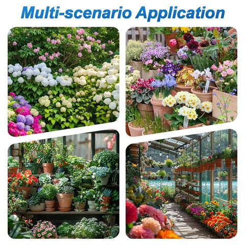 Gardens and flower beds with drip irrigation tee fittings in various multi-scenario applications showcasing vibrant flowers and plants.