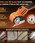 WorkNeon 4V Cordless Electric Scissors Rechargeable Cutter With Two Blades close-up showing high carbon steel blade and ergonomic handle.