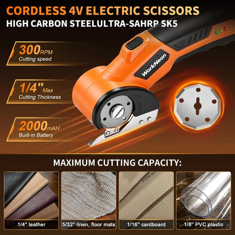 WorkNeon 4V Cordless Electric Scissors Rechargeable Cutter With Two Blades close-up showing high carbon steel blade and ergonomic handle.