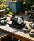 Badass Compact Table Grinder Featuring Dual Polish Discs for Quick Blade Sharpening on a workshop table with tools.