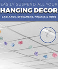 Crystal Clear Hinged Polycarbonate Ceiling Hooks For Drop Ceiling T-Bars Pack Of 100 Holds Up To 15 Lbs 1 In W By 1.5 In H Easy Swing Open Lock For Secure Hanging, showing hook detail and decor suspension on grid ceiling